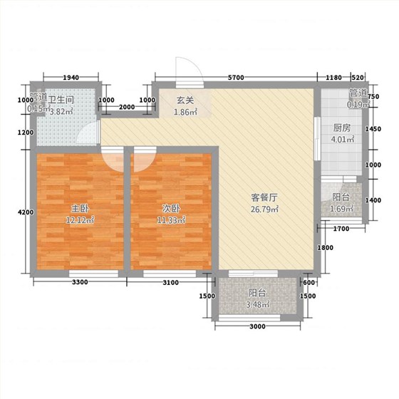 长久中心公园9号2室1厅1卫1厨93㎡户型图