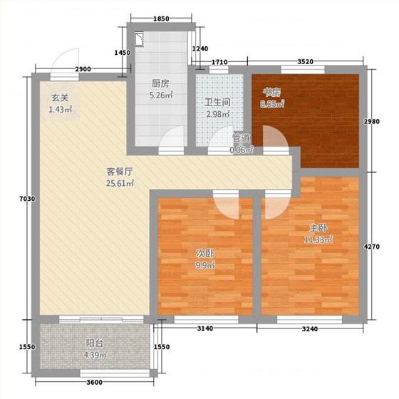 长久中心公园9号3室1厅1卫1厨99㎡户型图