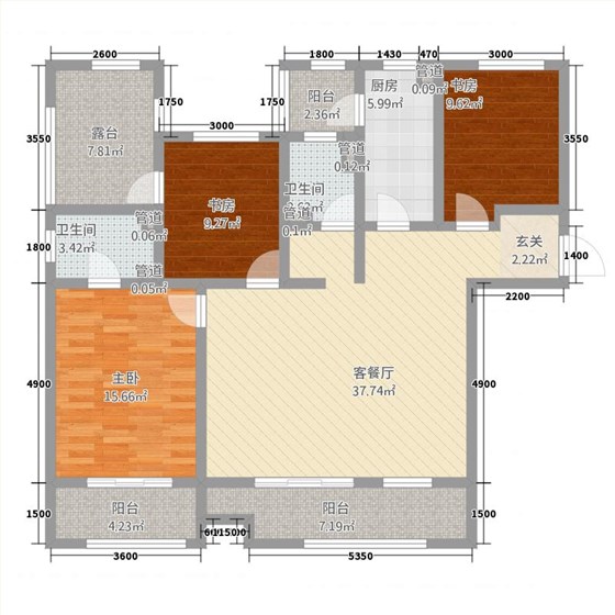 长久中心公园9号3室1厅2卫1厨156㎡户型图