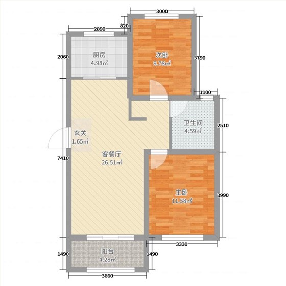 天海容天下2室2厅1卫1厨99㎡户型图