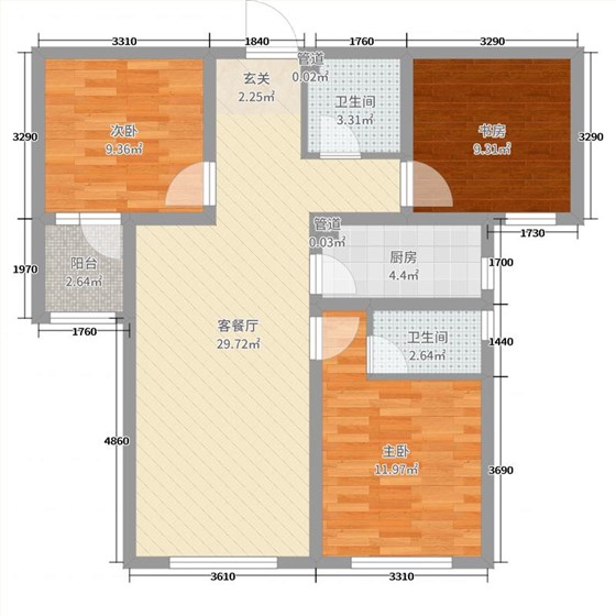 天海容天下3室2厅2卫1厨110㎡户型图