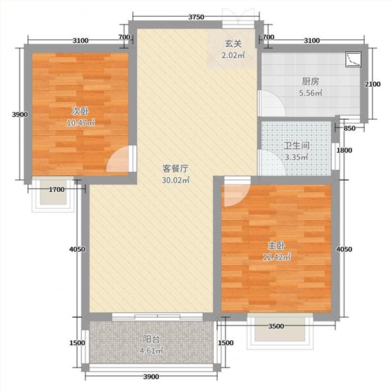 盛邦大都会五期2室2厅1卫1厨96㎡户型图