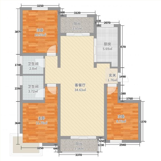 润德天悦城3室2厅2卫1厨128㎡户型图