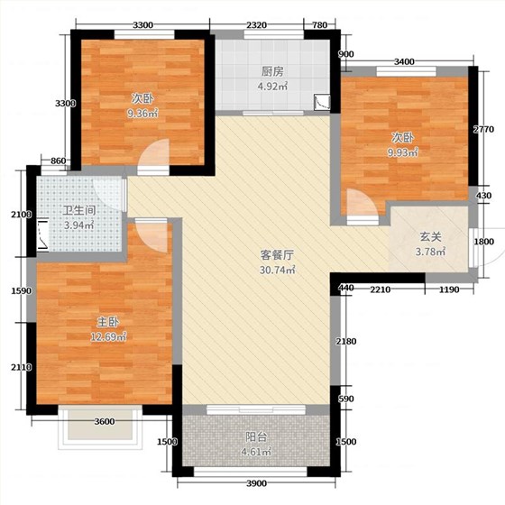 保利西悦春天3室2厅1卫1厨109㎡户型图