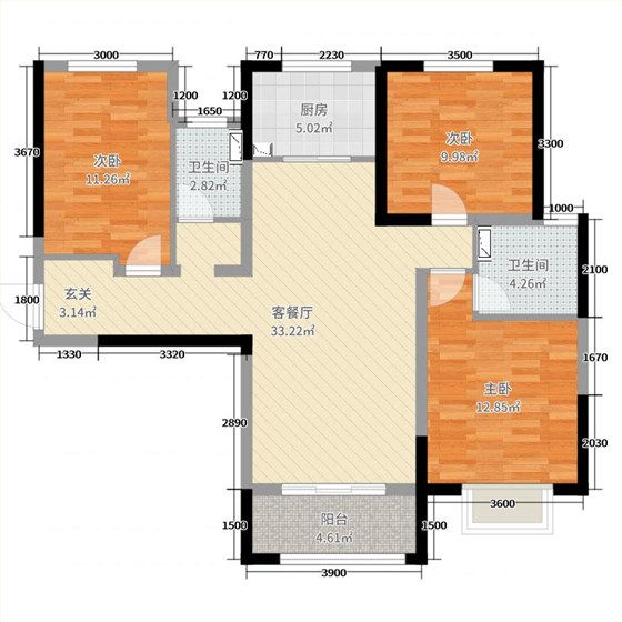 保利西悦春天3室2厅2卫1厨118㎡户型图