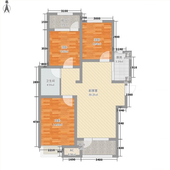 天下锦程3室1厅1卫1厨125㎡户型图