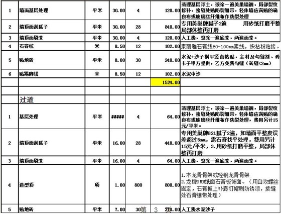 2016装修人工费价格表