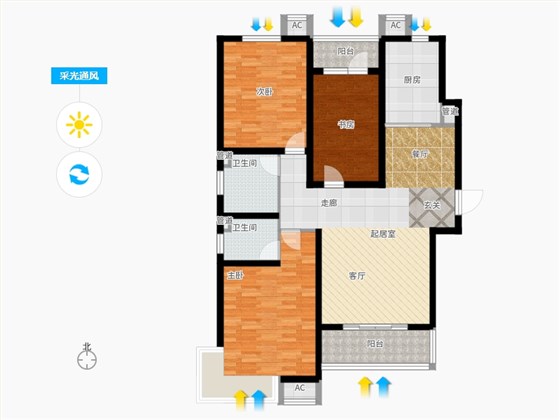 天玺名著3室0厅2卫1厨158平户型采光通风图