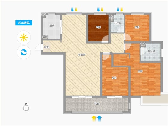 中冶德贤公馆4室2厅2卫1厨160.00㎡户型采光通风图