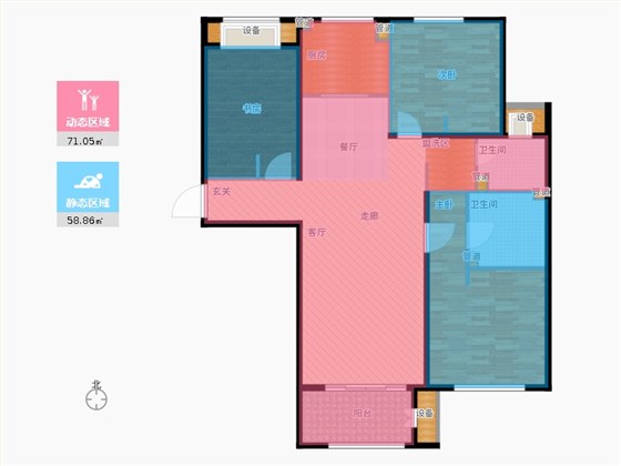 林荫大院3室1厅2卫1厨137.00㎡动静分区图