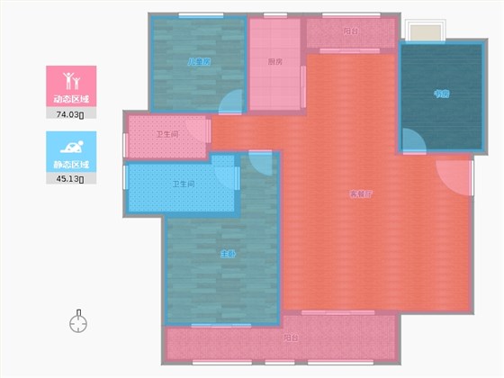 赫石府3室2厅2卫1厨134.00㎡动静分区图