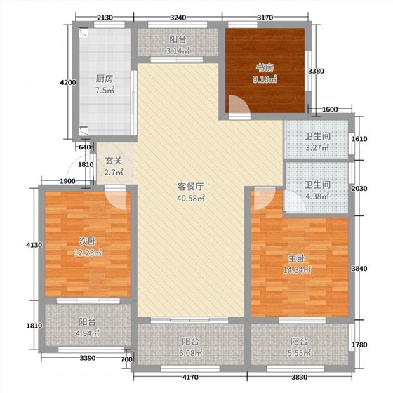 赫石府3室2厅2卫1厨139.00㎡户型图