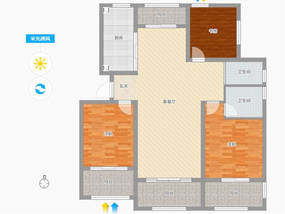 赫石府3室2厅2卫1厨139.00㎡采光通风图