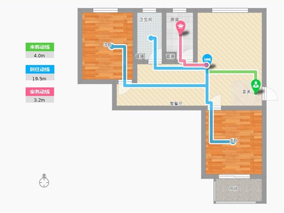 雨荷水岸2室1厅1卫1厨65㎡动静线图