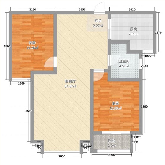 雨荷水岸2室2厅1卫1厨95.00㎡户型图