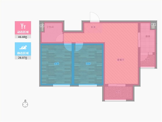 长久中心公园9号2室1厅1卫1厨93㎡动静分区图