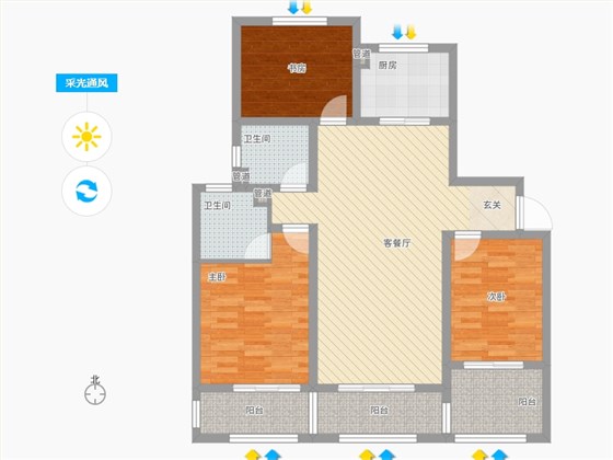 长久中心公园9号3室1厅2卫1厨135㎡采光通风图