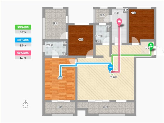 长久中心公园9号3室1厅2卫1厨156㎡动静线图