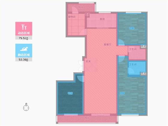 长久中心公园9号3室1厅2卫1厨162㎡动静分区图