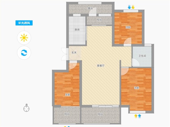 润德天悦城3室2厅1卫1厨114㎡采光通风图