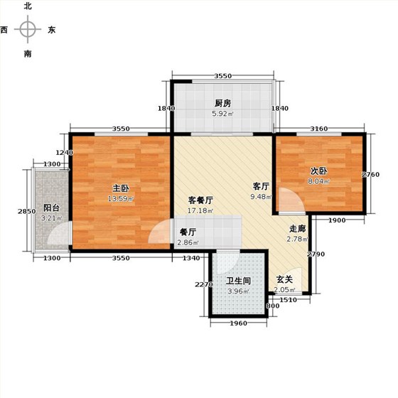 鑫界9号院2室1厅1卫1厨70㎡户型图