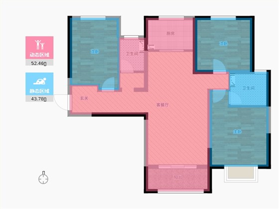 保利西悦春天3室2厅2卫1厨118㎡动静分区图