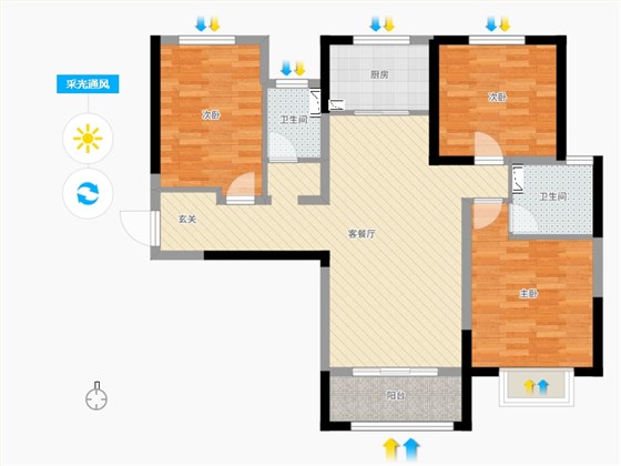 保利西悦春天3室2厅2卫1厨118㎡采光通风图