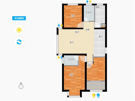 明瀚花香城3室1厅2卫1厨109㎡采光通风图
