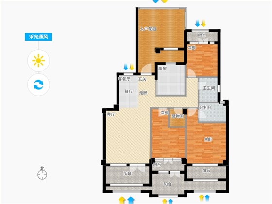 天下锦程3室1厅2卫1厨210㎡采光通风图