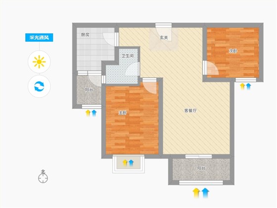 橡嵘湾2室1厅1卫1厨72㎡采光通风图