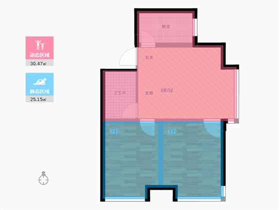 天宁小筑2室1厅1卫1厨75㎡动静分区图