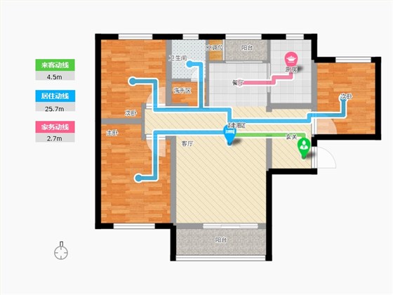 天宁小筑3室2厅1卫1厨117㎡动线图