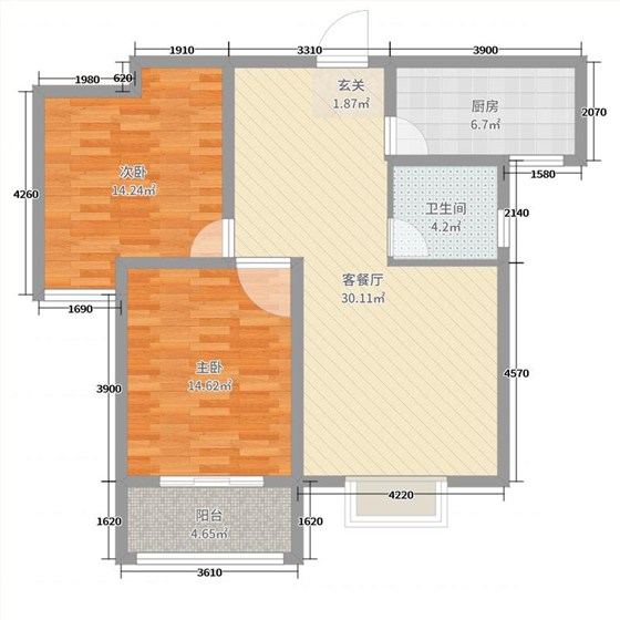 铂宫时代2室2厅1卫1厨93㎡户型图