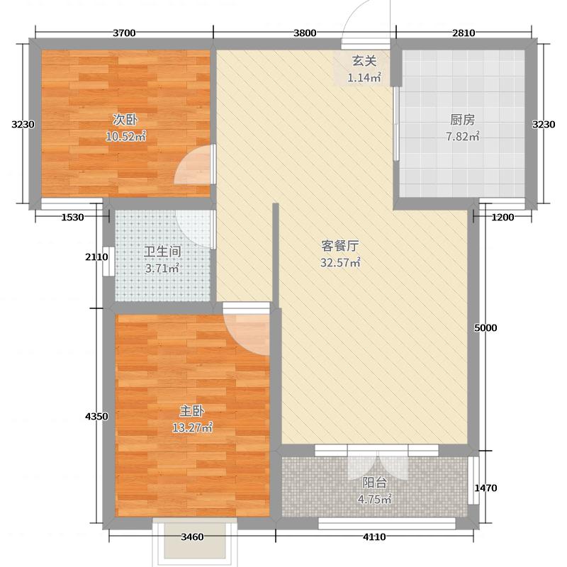 天玺名著2室2厅1卫1厨89平米户型图