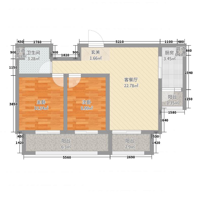 长久中心公园9号2室1厅1卫1厨89㎡户型图