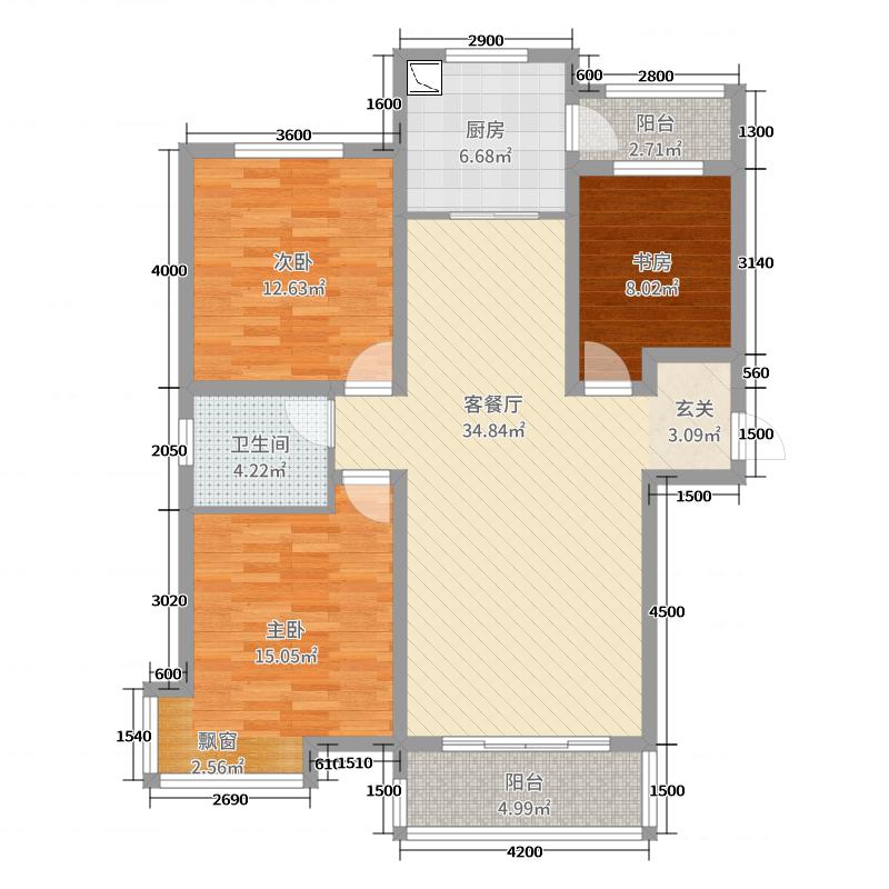 盛邦大都会五期3室2厅1卫1厨126㎡户型图