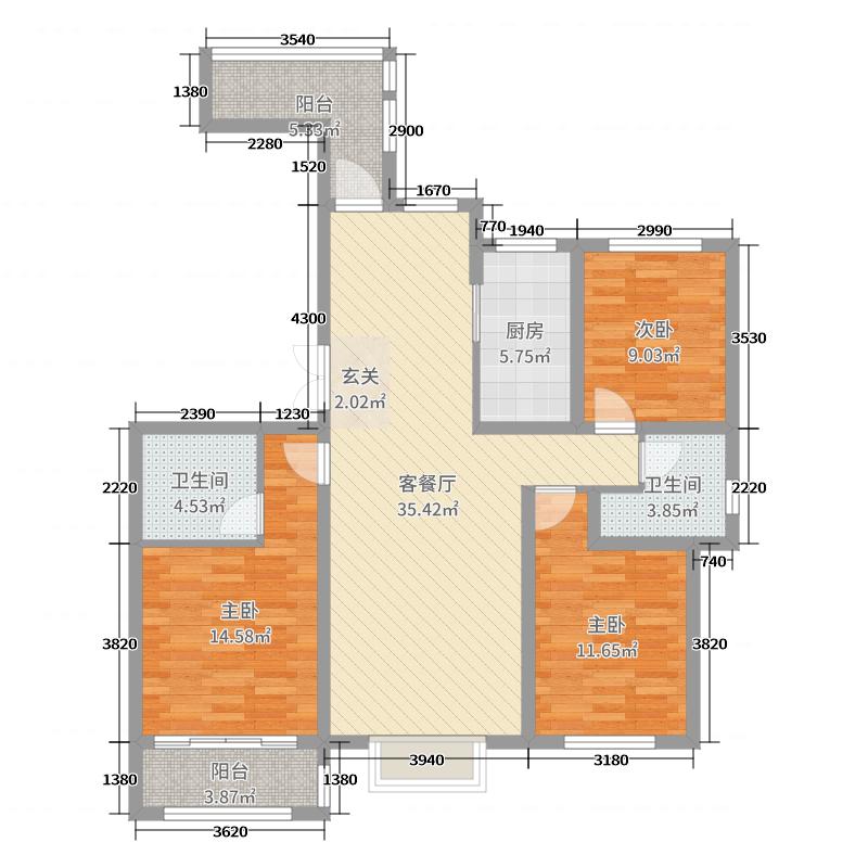 荣盛华府3室2厅2卫1厨117㎡户型图