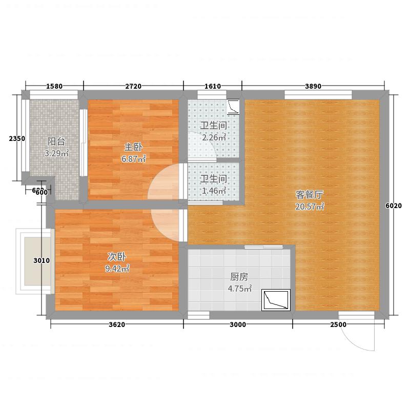 润德天悦城2室2厅2卫1厨61㎡户型图