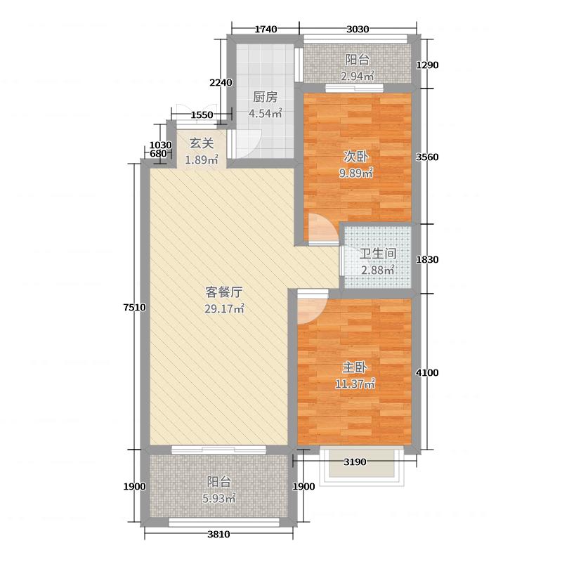 润德天悦城2室2厅1卫1厨91㎡户型图