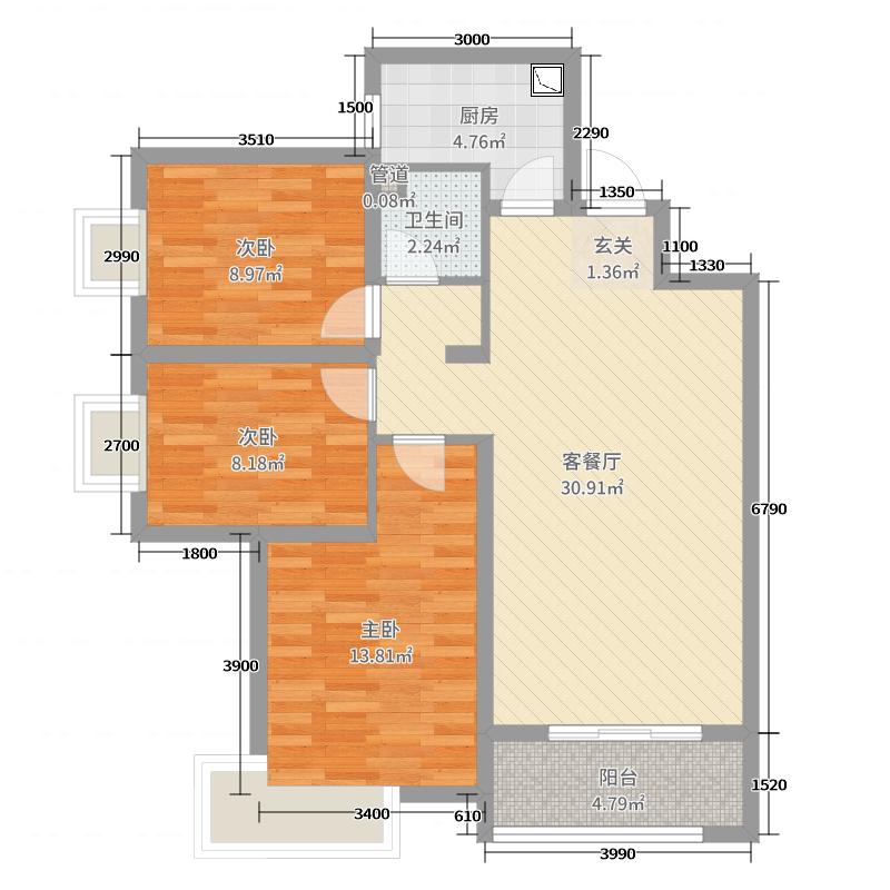 润德天悦城3室2厅1卫1厨107㎡户型图