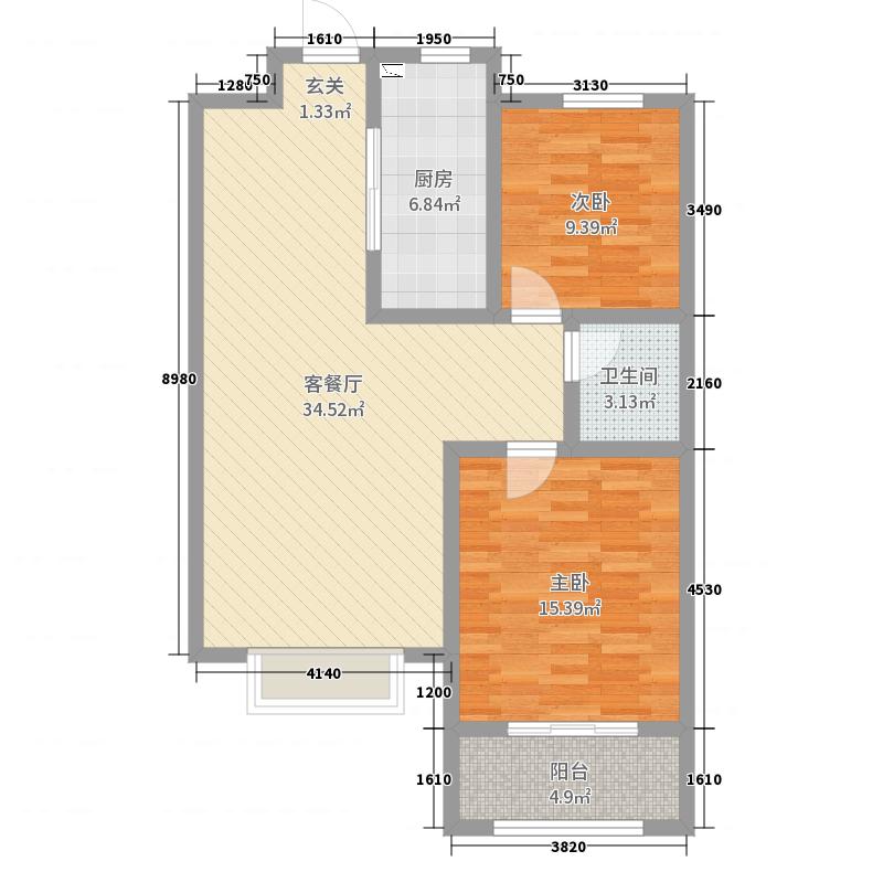 中山尚城2室2厅1卫1厨93㎡户型图