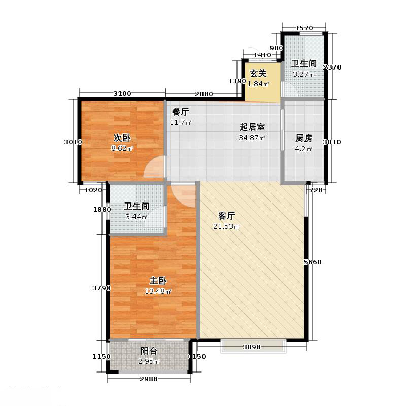 鑫界9号院2室1厅2卫1厨95㎡户型图