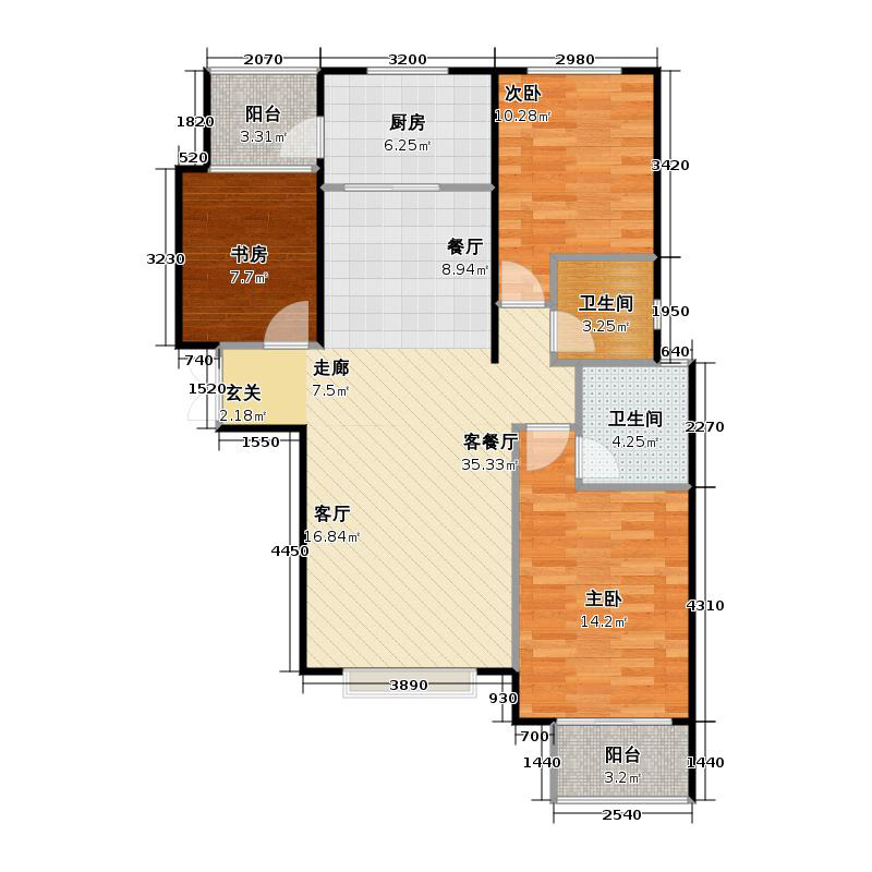 鑫界9号院3室1厅2卫1厨118㎡户型图