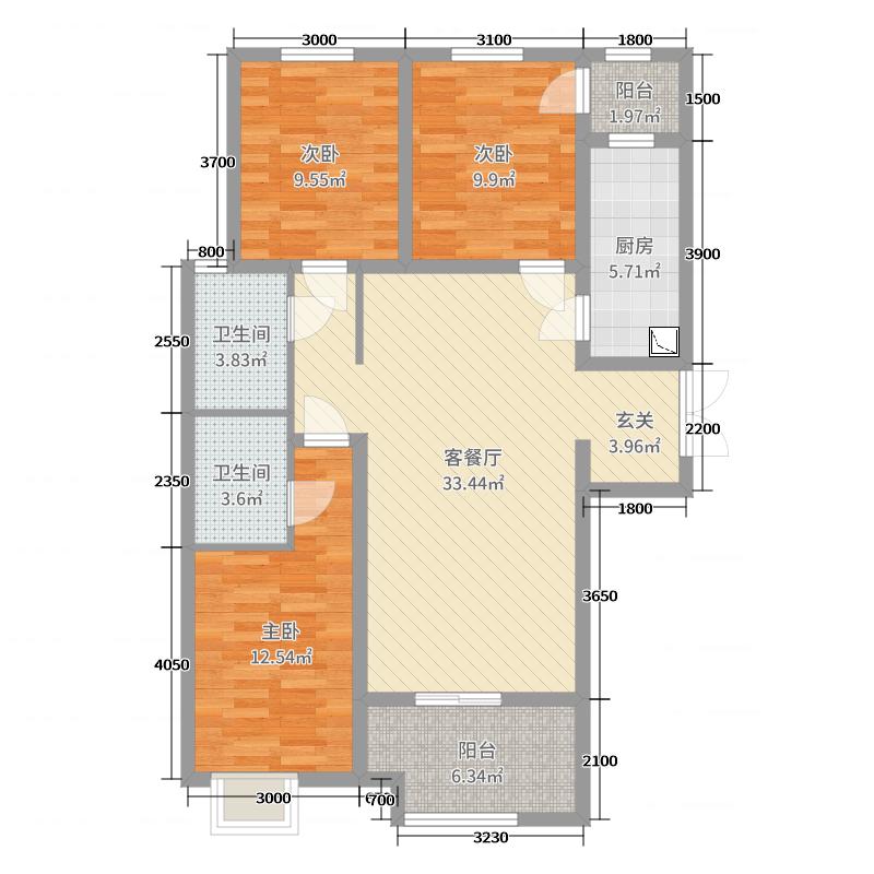 百岛绿城3室2厅2卫1厨132㎡户型图