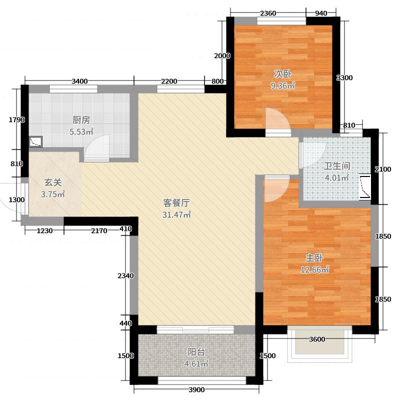 保利西悦春天2室2厅1卫1厨97㎡户型图