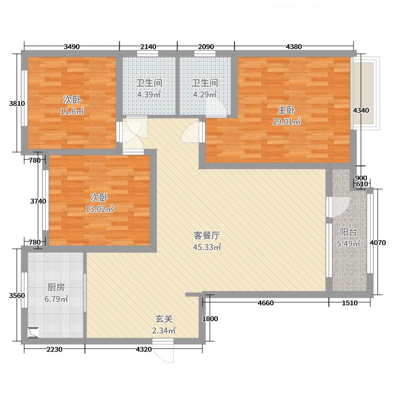 天下锦程花苑3室2厅2卫1厨137㎡户型图