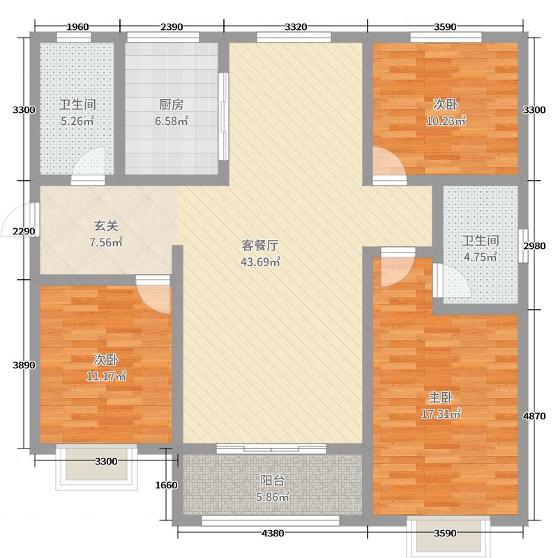 橡嵘湾3室2厅2卫1厨131㎡户型图