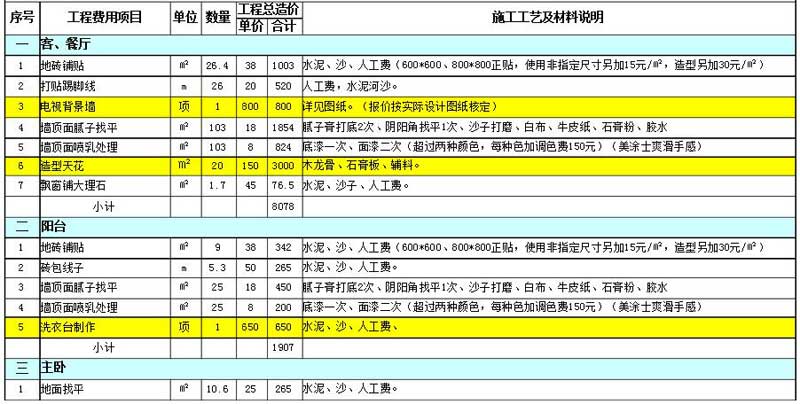 石家庄半包装修报价单