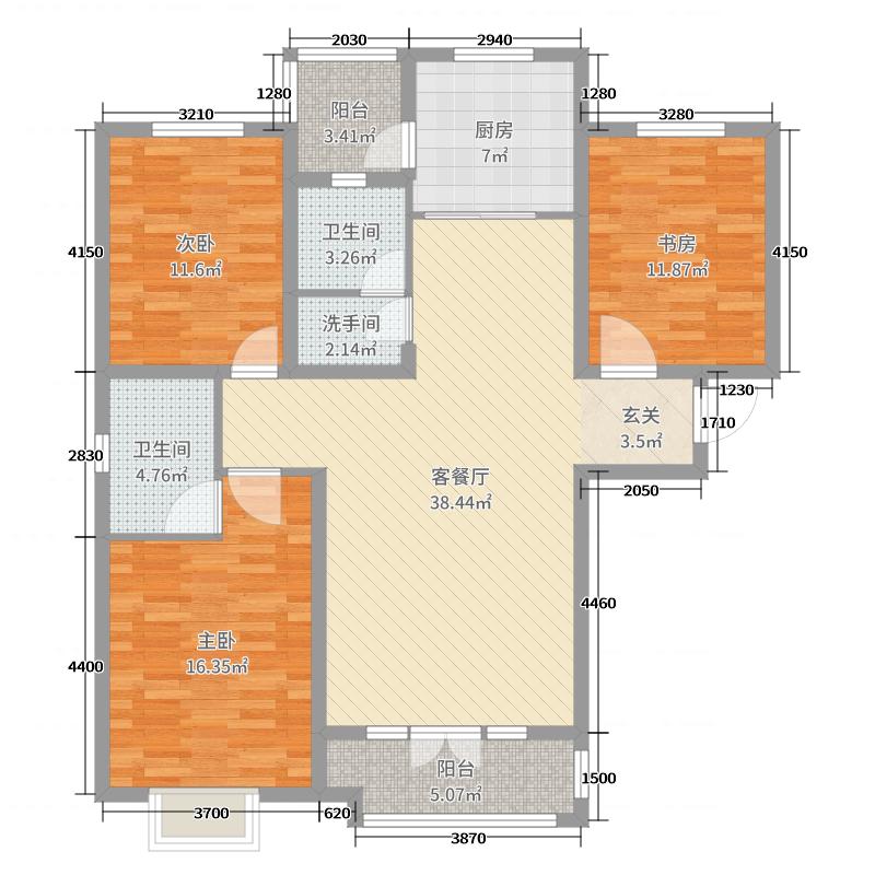 天玺名著3室2厅2卫1厨130.00㎡户型图