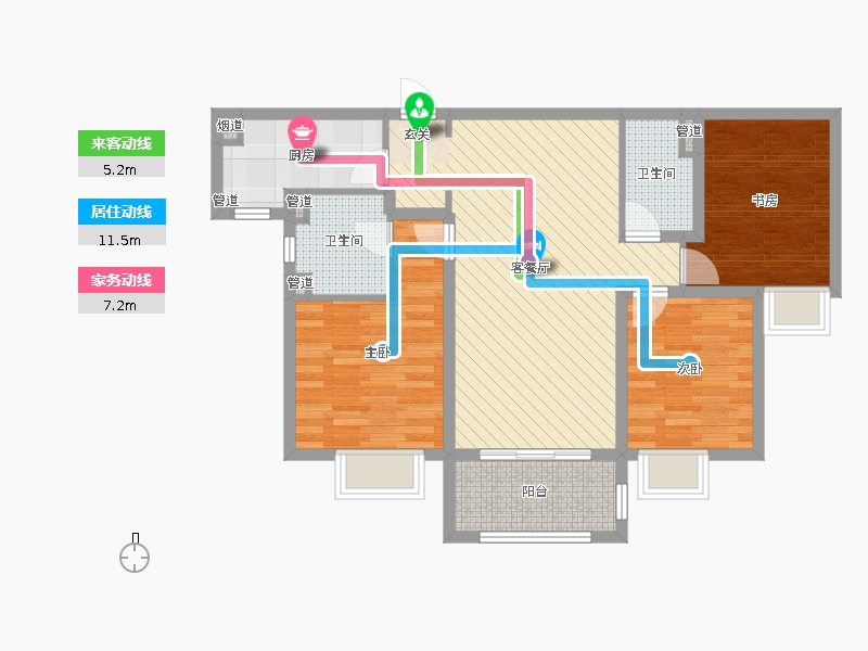 中冶德贤公馆3室2厅2卫1厨123.00㎡户型动静线图